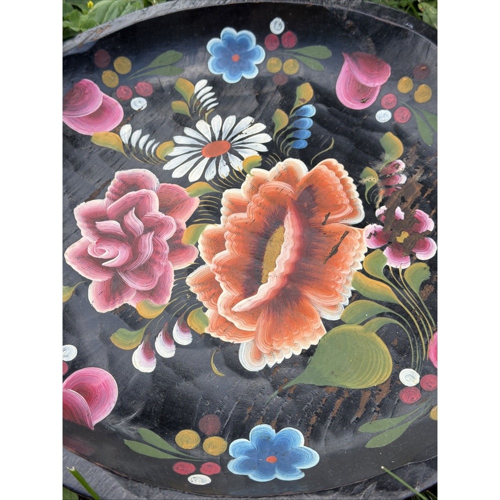 Vintage Mexican Hand-Painted Wooden Batea Bowl • Set Of 4 Peacocks Flowers - Picture 3 of 11